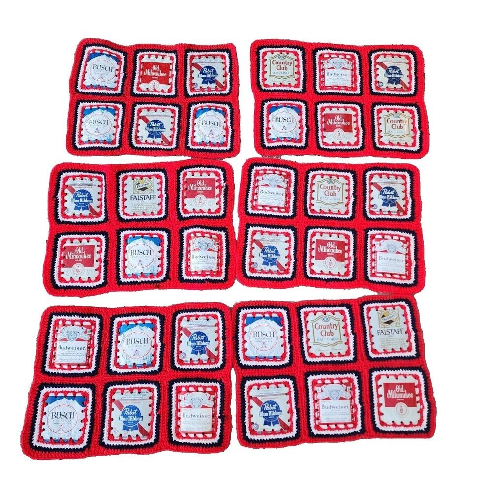 6 Handmade Beer Can Granny Square Crochet Placemats Man Cave Budweiser Vintage